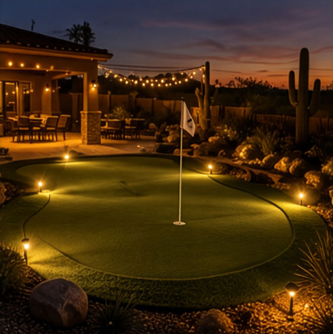Scottsdale backyard putting green illuminated by warm landscape lighting at dusk