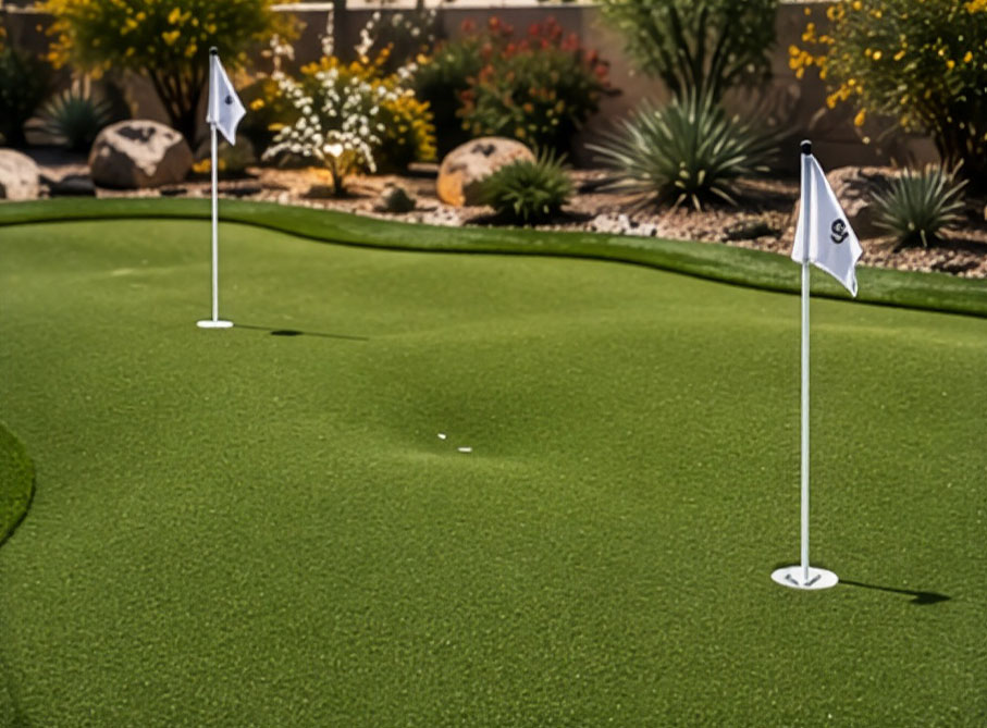 Backyard putting green with two golf cups and flags at different distances on contoured turf
