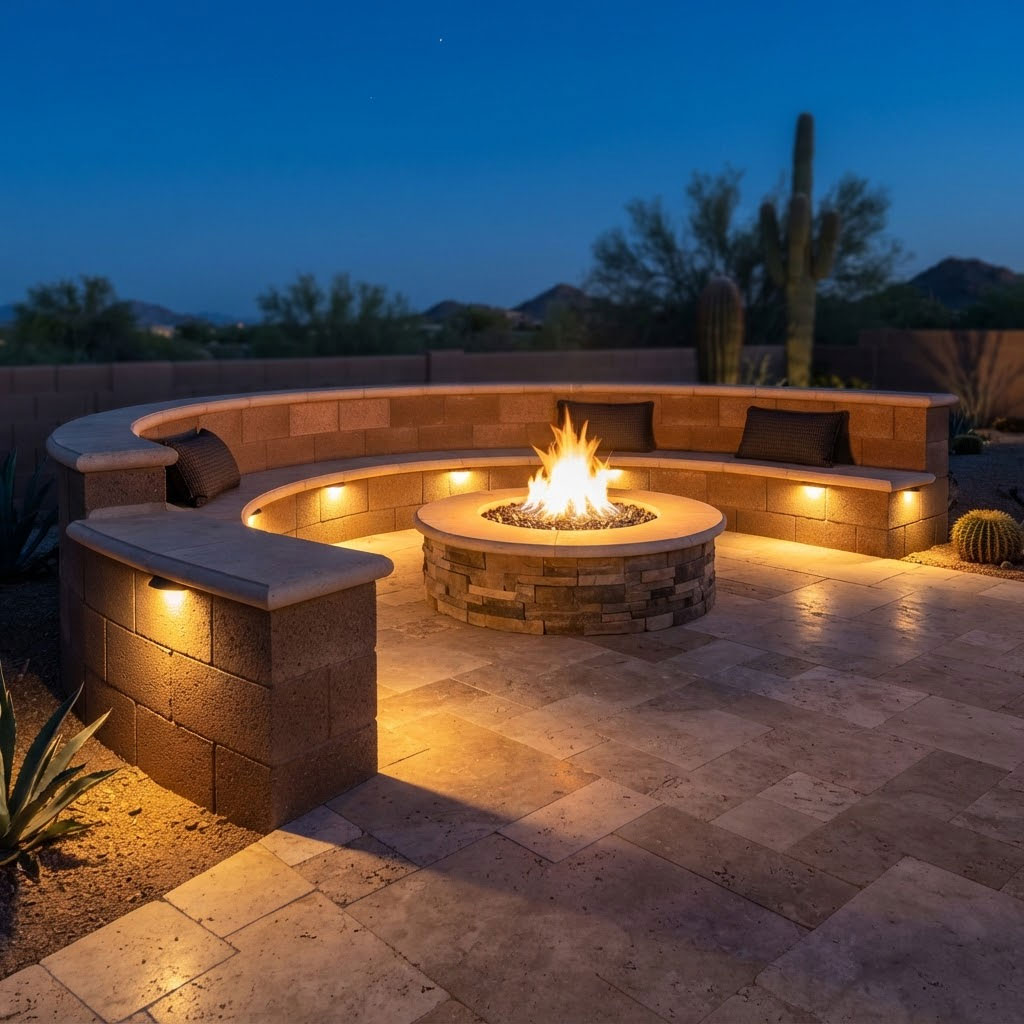 Block-Seating-Wall-Around-a-Fire-Pit-in-Scottsdale Curved block seating wall with a finished cap around a glowing fire pit at dusk in Scottsdale, Arizona