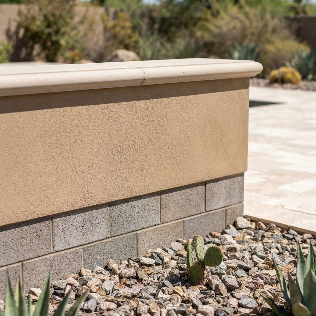Block-Wall-Cap-and-Finish-Detail-in-Scottsdale Close-up of a concrete block wall base with a finished cap and stucco surface in Scottsdale, Arizona