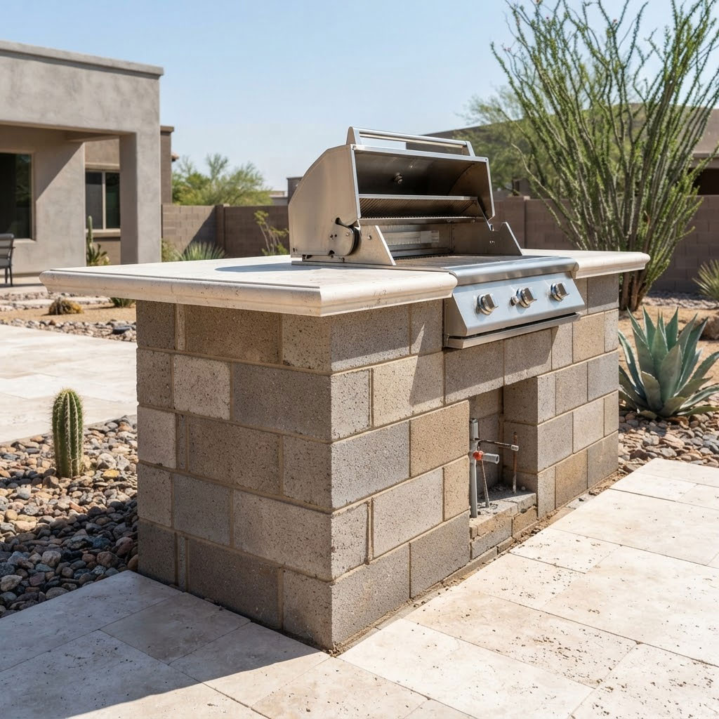 Block-Wall-Masonry-Base-for-an-Outdoor-Kitchen-in-Phoenix Concrete block masonry base structure for a grill island counter in a Phoenix, Arizona backyard