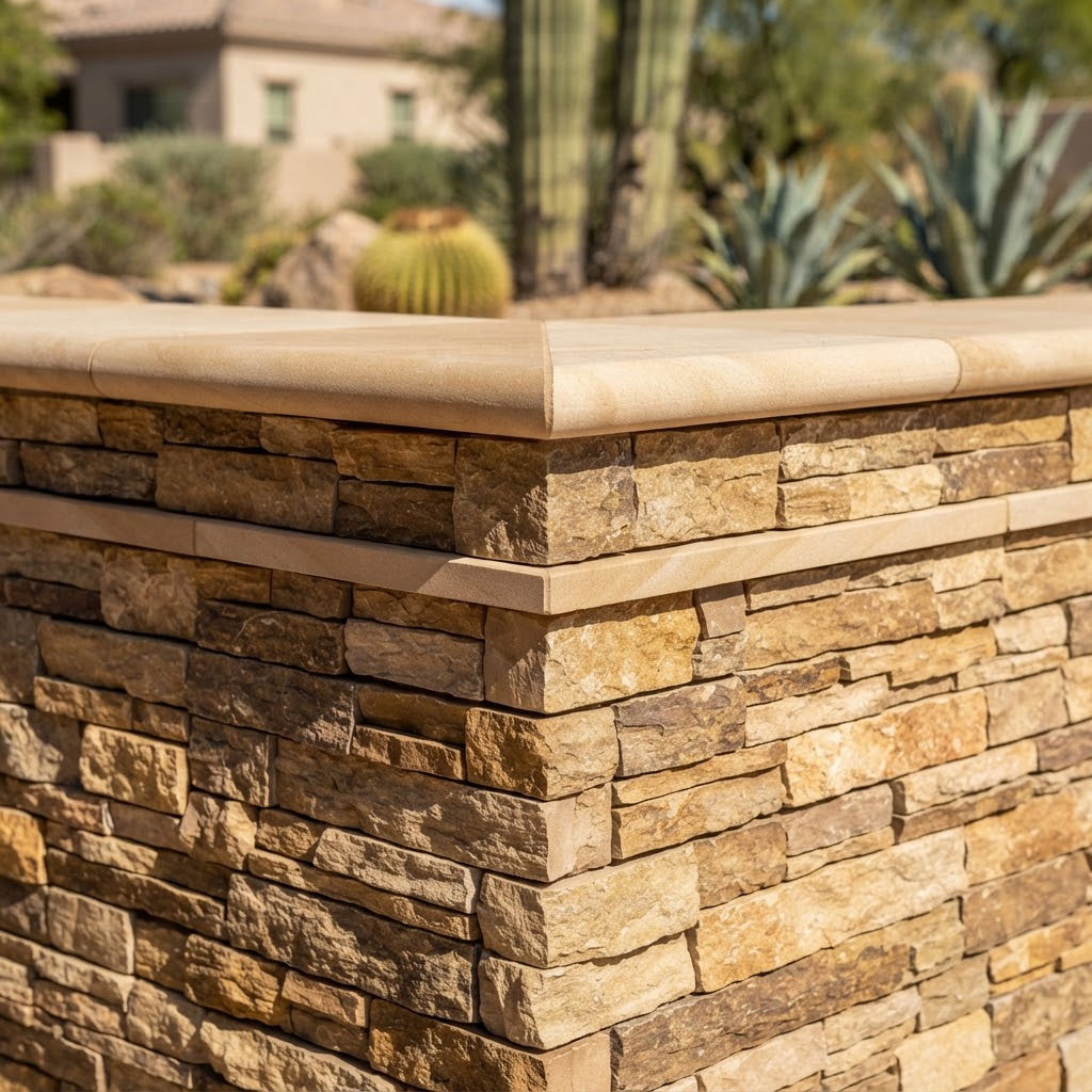 Block-Wall-Veneer-Finish-Craftsmanship-in-Scottsdale Close-up of stacked stone veneer and cap trim detail on a block wall corner in Scottsdale, Arizona