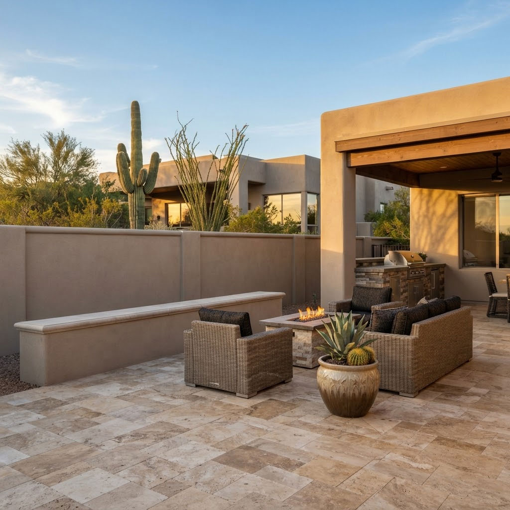Block-Wall-and-Patio-Living-Space-at-Golden-Hour Complete block wall bordering a paver patio at golden hour in a Phoenix, Arizona backyard