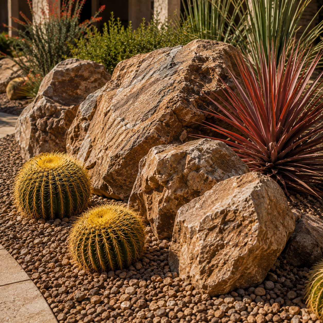 Cluster of natural boulders grouped as a focal point with desert plants in a Phoenix, Arizona landscape bed