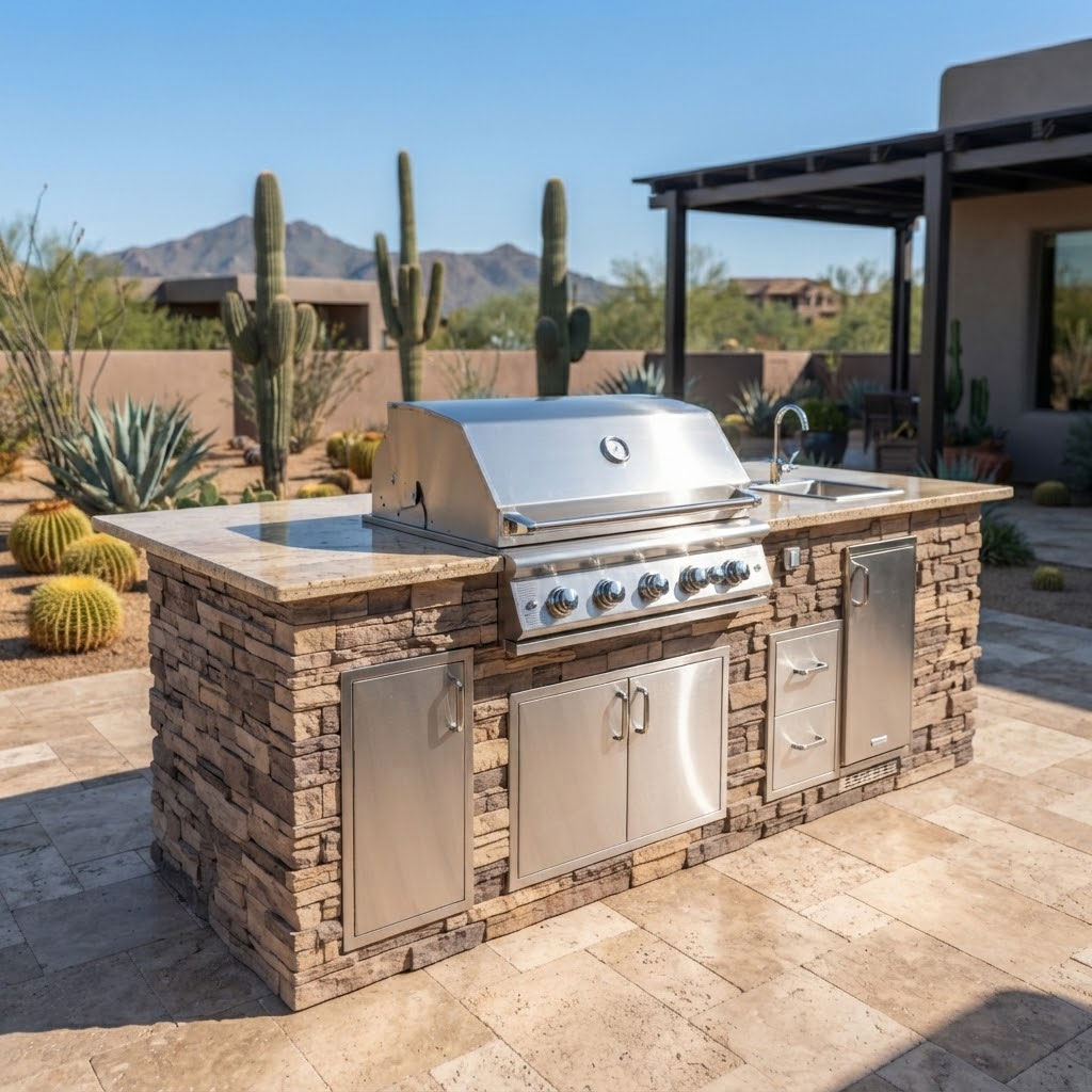 Gas fire pit with glowing lava rock media on a paver patio at dusk in a Phoenix, Arizona backyard