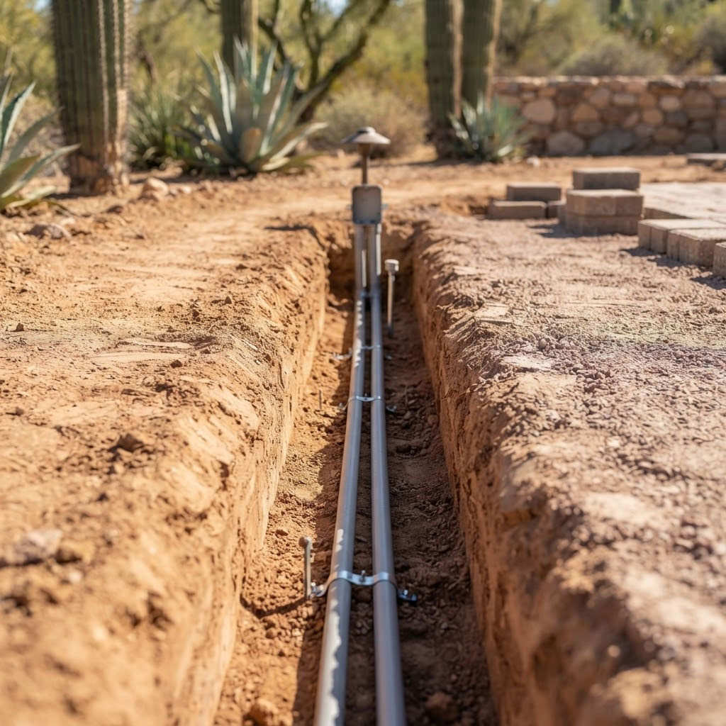 Clean-Electrical-Trench-Prep-Before-Paver-Installation-in-Scottsdale Neatly organized electrical conduit laid in an open trench before paver installation in Scottsdale, Arizona