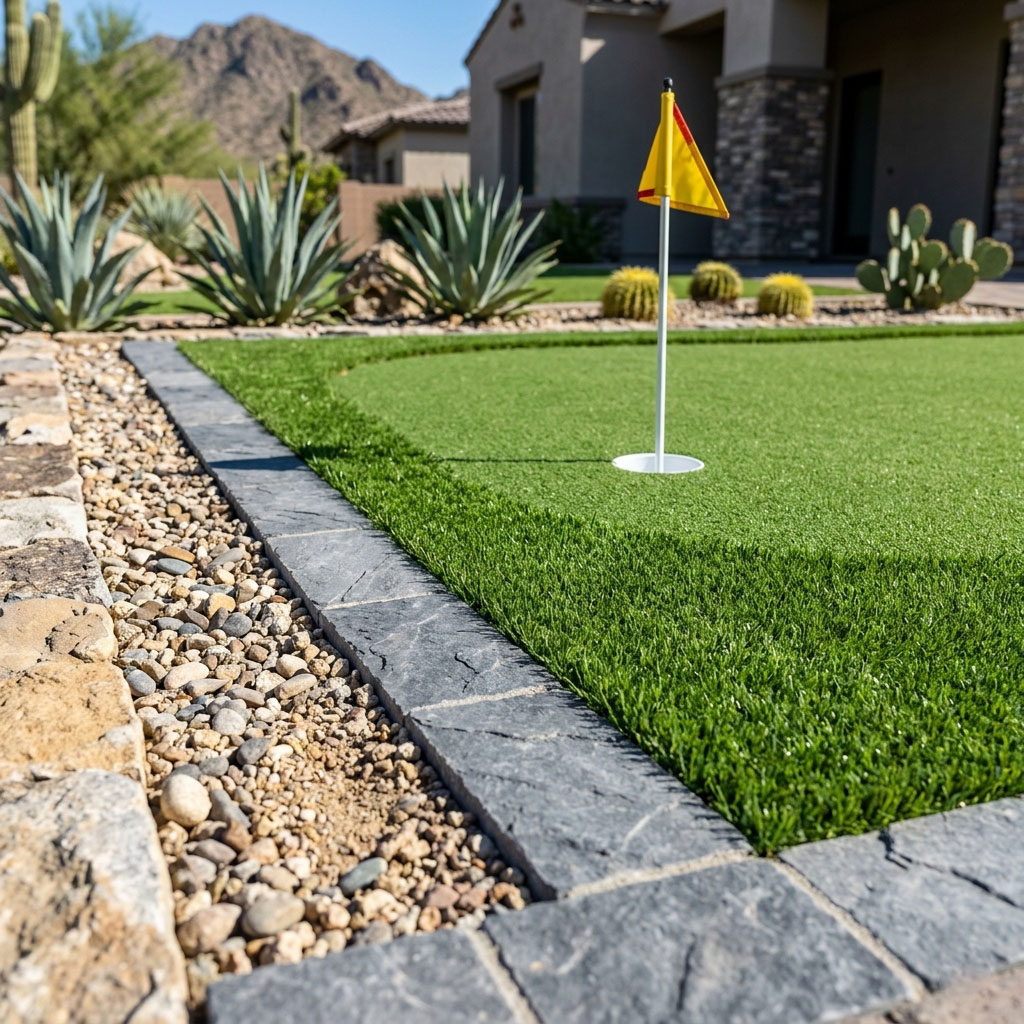 Photorealistic 8K close-up image focusing on the clean craftsmanship of a mini golf course installation in Scottsdale, Arizona. The shot shows the transition where manicured artificial putting green turf meets a natural stone paver border and decorative desert rock. A gold cup with a small flag is embedded in the turf, highlighted by bright midday sunlight with deep texture detail.