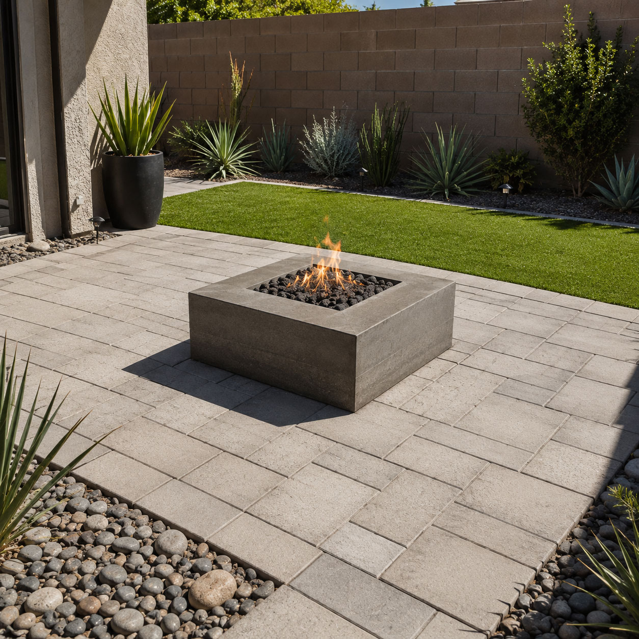 Modern square gas fire pit on a compact concrete paver patio with artificial turf, decorative rock border, and desert landscaping in a small Phoenix backyard.