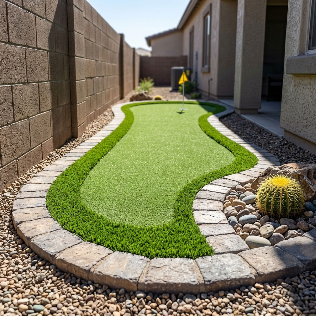 Photorealistic 8K photo of a compact single-hole mini golf feature built into a narrow side yard of a Phoenix, Arizona home. The curved artificial turf green with a natural stone border fits neatly between a block wall on one side and the home's exterior on the other, accompanied by a decorative rock accent and a single golden barrel cactus. Tightly framed to show efficient space usage under clean daylight.