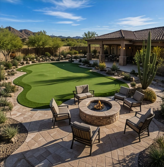 Resort-style Arizona backyard with custom putting green, paver patio, fire pit, and desert landscaping