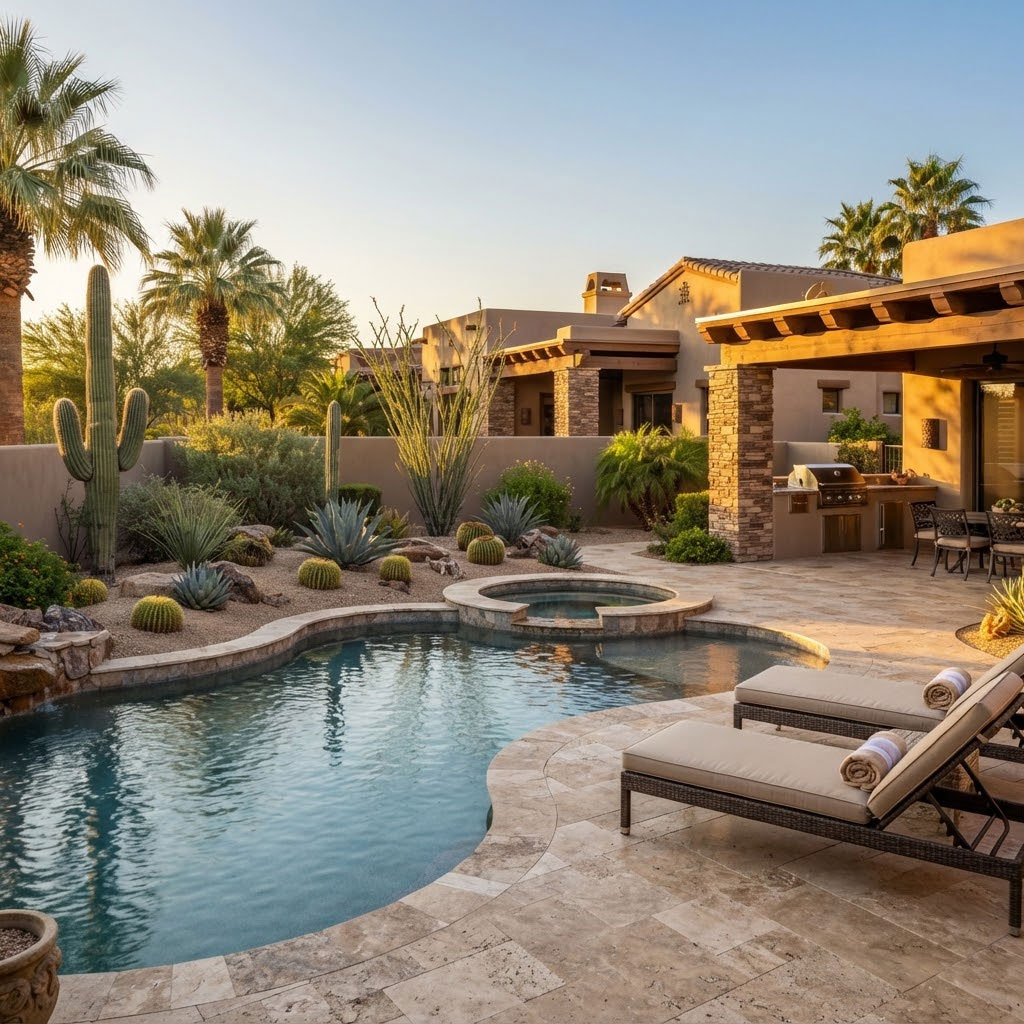 Travertine pool deck with lounge seating and desert plantings at golden hour in Phoenix, Arizona