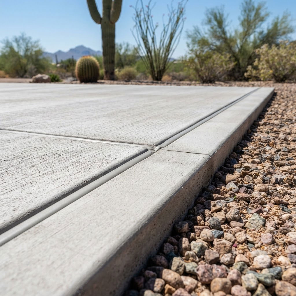 Close-up of a concrete slab edge and expansion joint meeting decorative rock in a Phoenix, Arizona yard