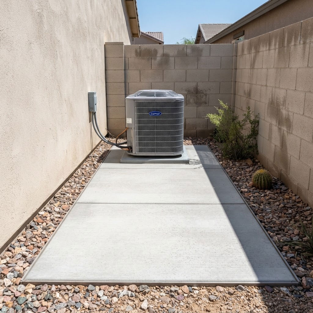 Small clean concrete equipment pad in a narrow Phoenix, Arizona side yard