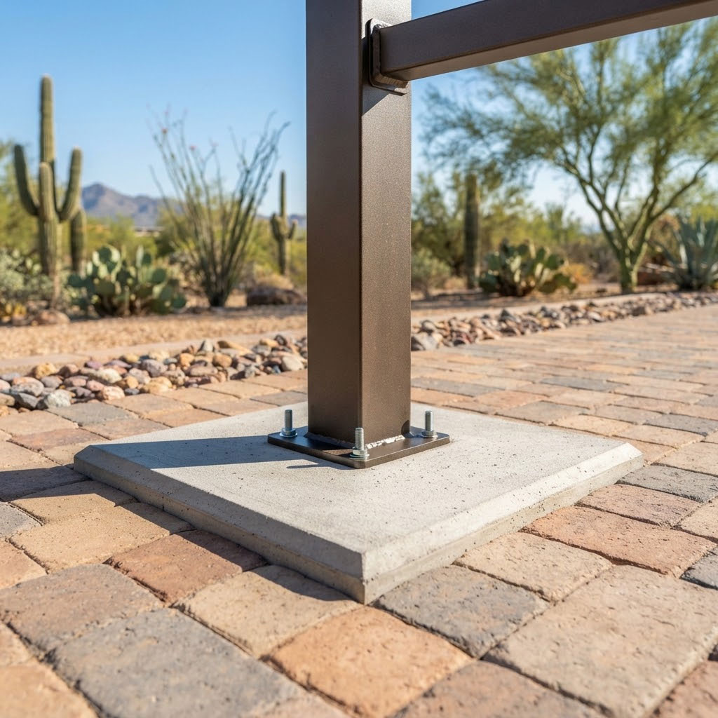 Close-up of a concrete footing supporting a pergola post in a Phoenix, Arizona backyard