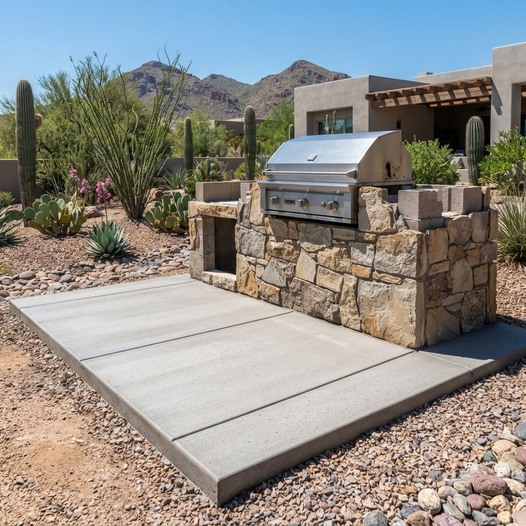 Concrete foundation pad supporting a grill island structure in a Scottsdale, Arizona backyard