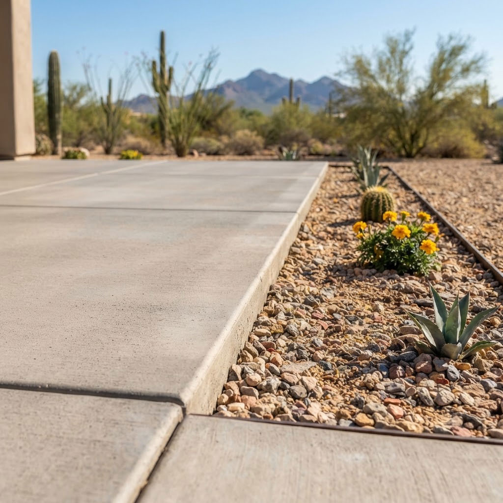 Concrete slab sloped cleanly toward a drainage area in a Scottsdale, Arizona backyard