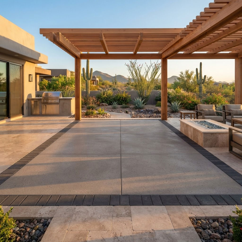 Concrete slab integrated cleanly beneath a pergola and paver patio in Scottsdale, Arizona