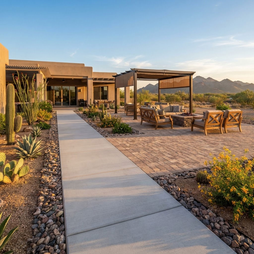 Finished concrete walkway leading to a backyard patio at golden hour in a Phoenix, Arizona home