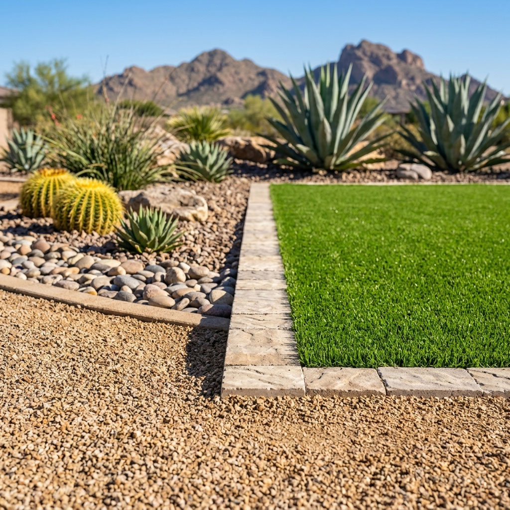 Photorealistic 8K close-up shot of crushed granite ground cover meeting stacked stone edging and manicured artificial turf in a Scottsdale, Arizona yard under bright midday sun.