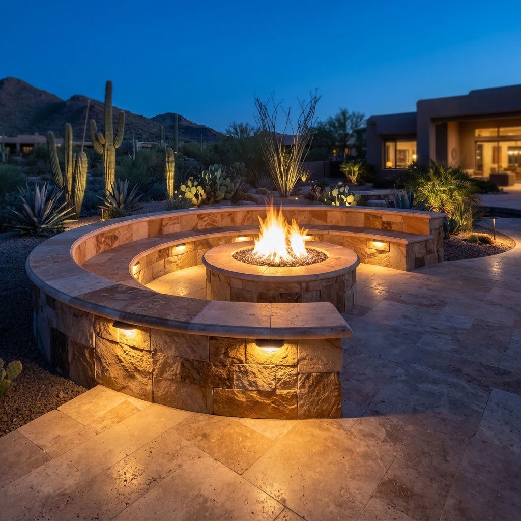 Stone seating wall built around a glowing fire pit at dusk in a Scottsdale, Arizona backyard