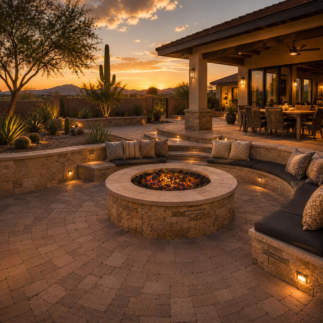 Custom Phoenix backyard fire pit and paver patio with built-in curved seating, desert landscaping, covered patio, and warm landscape lighting at golden hour.