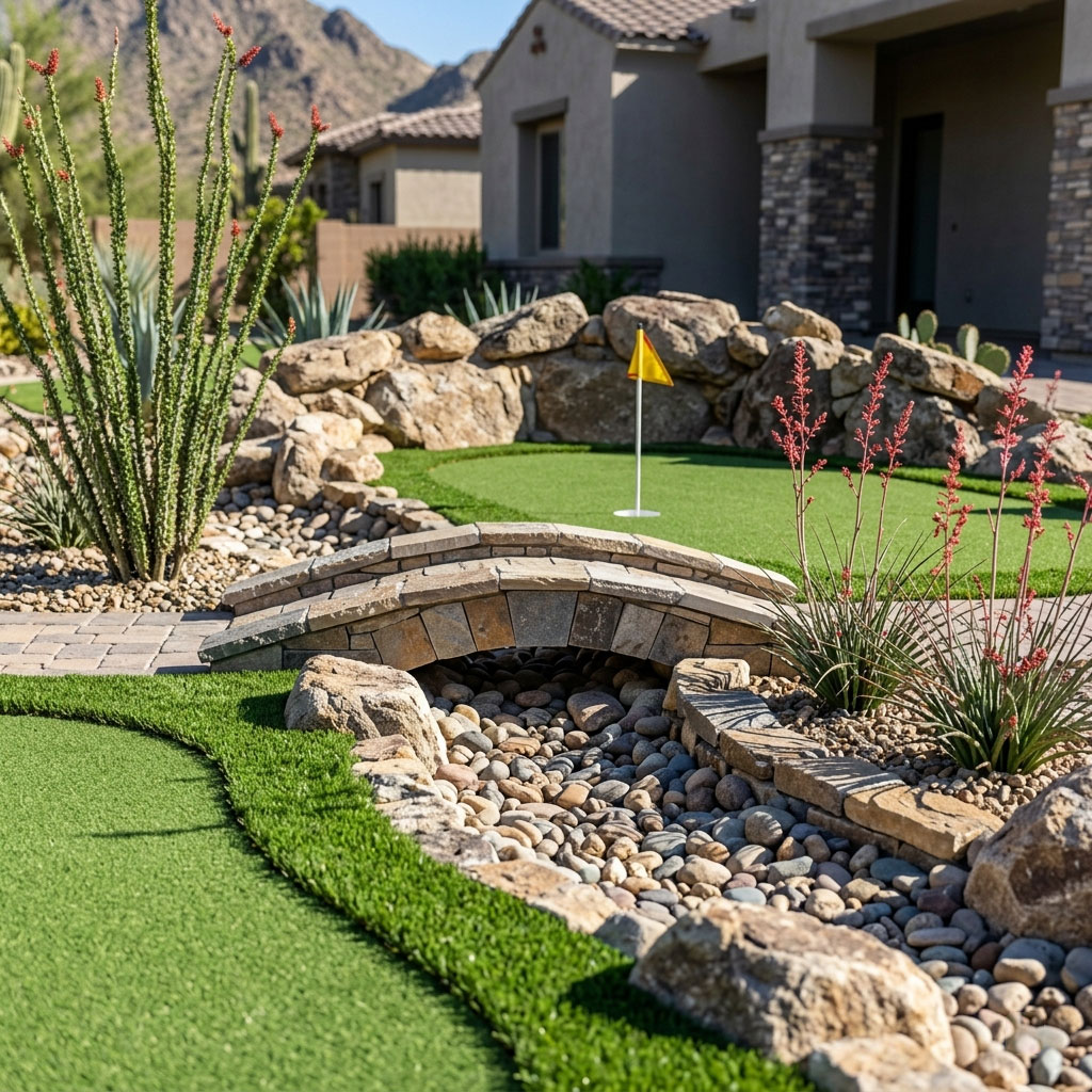 Photorealistic 8K architectural photo emphasizing the skilled craftsmanship of a custom backyard mini golf course in Scottsdale, Arizona. A small natural-stone bridge crosses a dry creek bed (arroyo-style rock feature) that the putting green fairway winds through. The feature is framed by boulder outcrops and desert plantings, including ocotillo and red yucca, with crisp detail on the stonework in bright, warm-toned daylight.