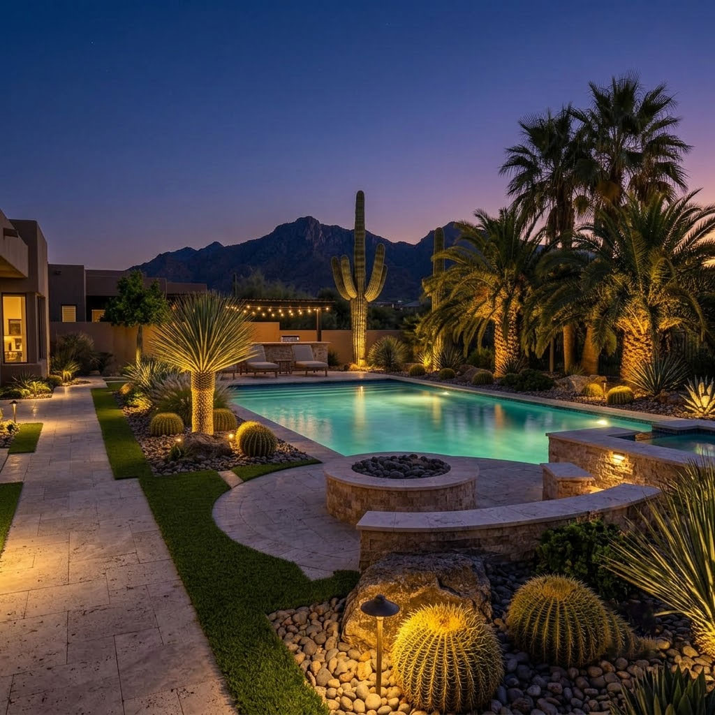 Built-in outdoor grill island with stone veneer, countertops, and bar seating on a travertine patio in an Arizona backyard.