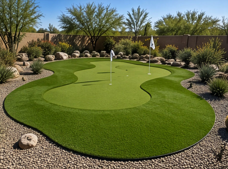 Curved custom-shaped backyard putting green with contoured turf and desert landscaping in Phoenix