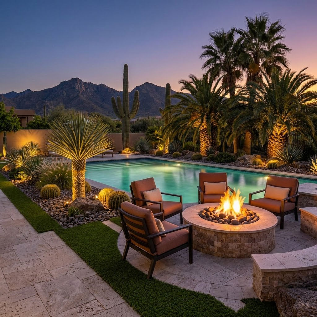 Lit stone fire pit with built-in curved seating on a paver patio at dusk with string lights and desert plants in Phoenix, Arizona.