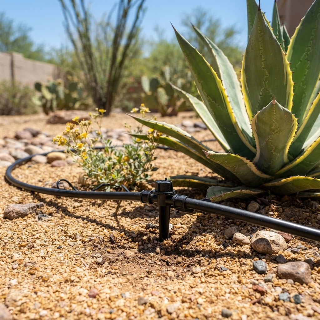 Drip-Irrigation-Emitter-and-Tubing-Detail-in-Phoenix Close-up of a drip irrigation emitter and tubing at the base of a desert plant in Phoenix, Arizona