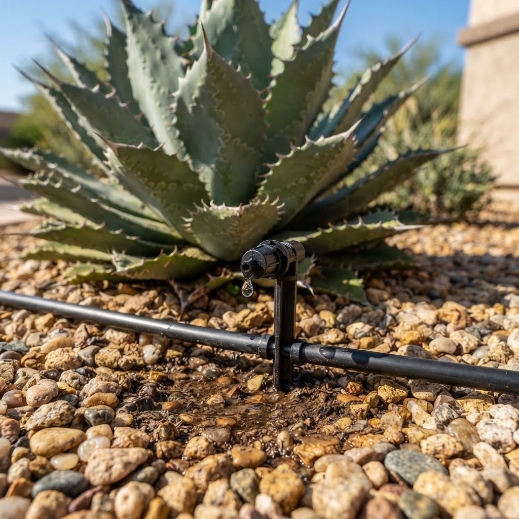 Drip-Irrigation-Watering-a-Desert-Agave-in-Phoenix Close-up of a drip emitter watering an agave plant in a Phoenix, Arizona landscape bed