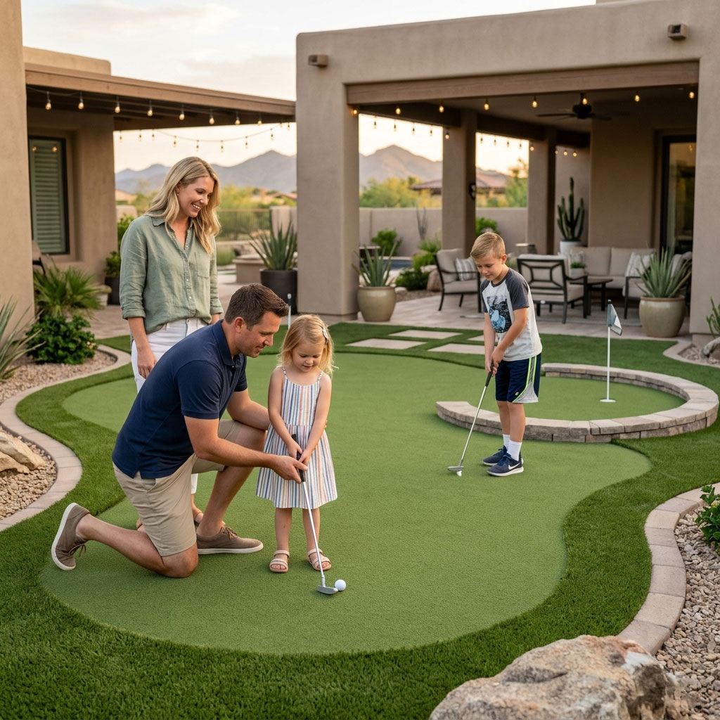 Photorealistic 8K lifestyle photo of a parent and two children in casual clothing happily putting together on a contoured multi-hole backyard mini golf course in Scottsdale, Arizona. The course has stone borders and desert landscaping, with a second hole curving into the background and a covered patio just beyond it. Illuminated by warm early-evening sunlight with natural mood and realistic textures.