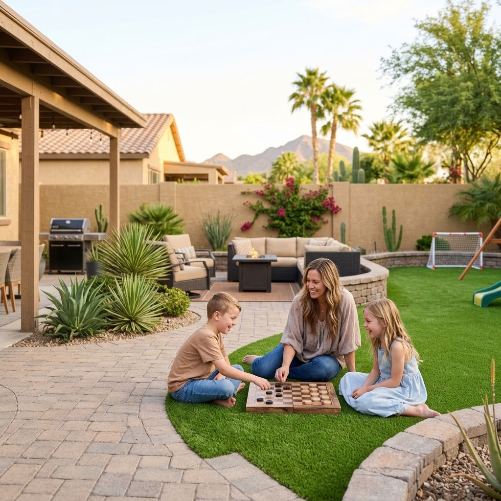 Family relaxing on a turf area beside a shaded lounge patio in a Scottsdale, Arizona backyard