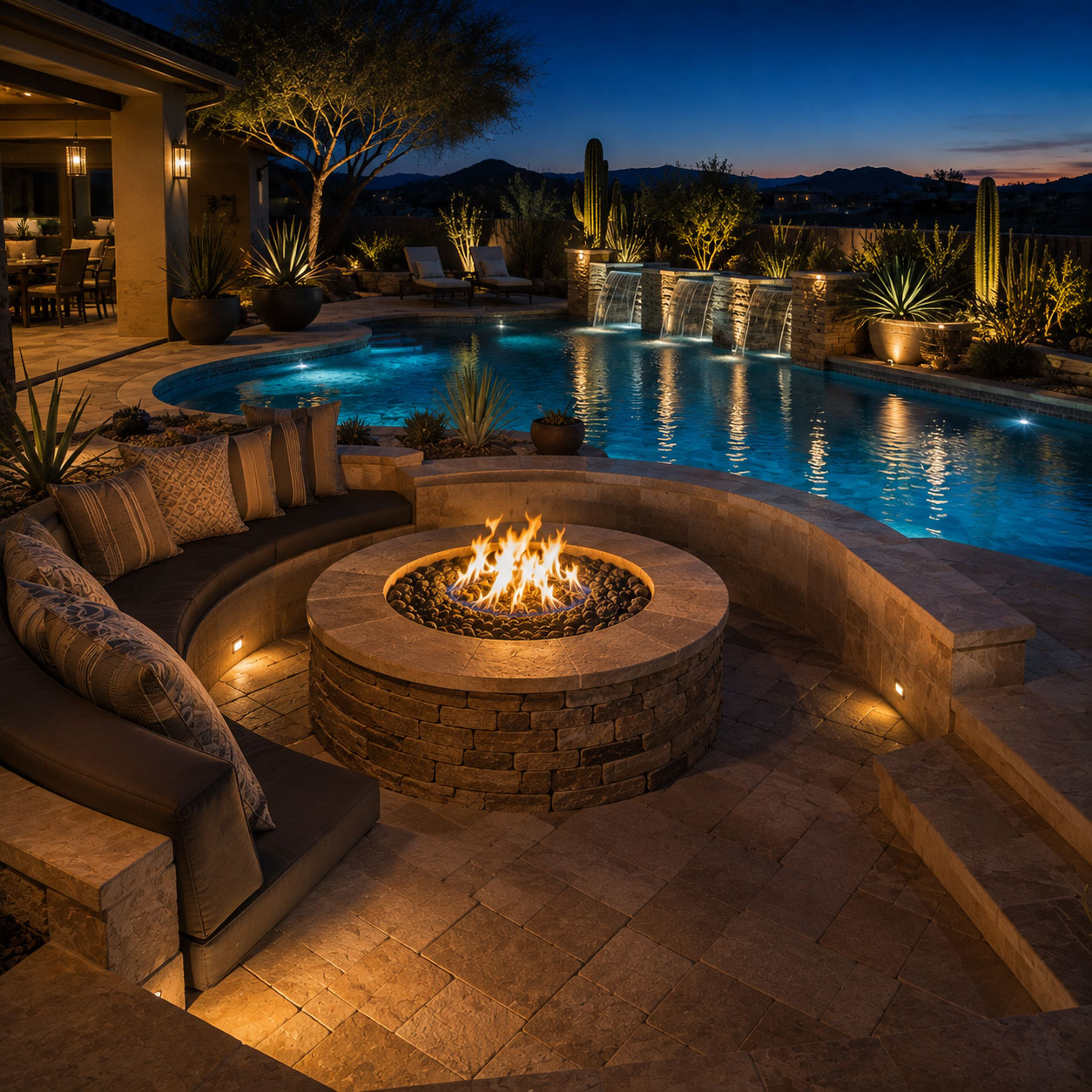 Scottsdale poolside fire pit lounge with a round stone fire pit, curved built-in seating, paver patio, warm lighting, and glowing pool reflections at dusk.