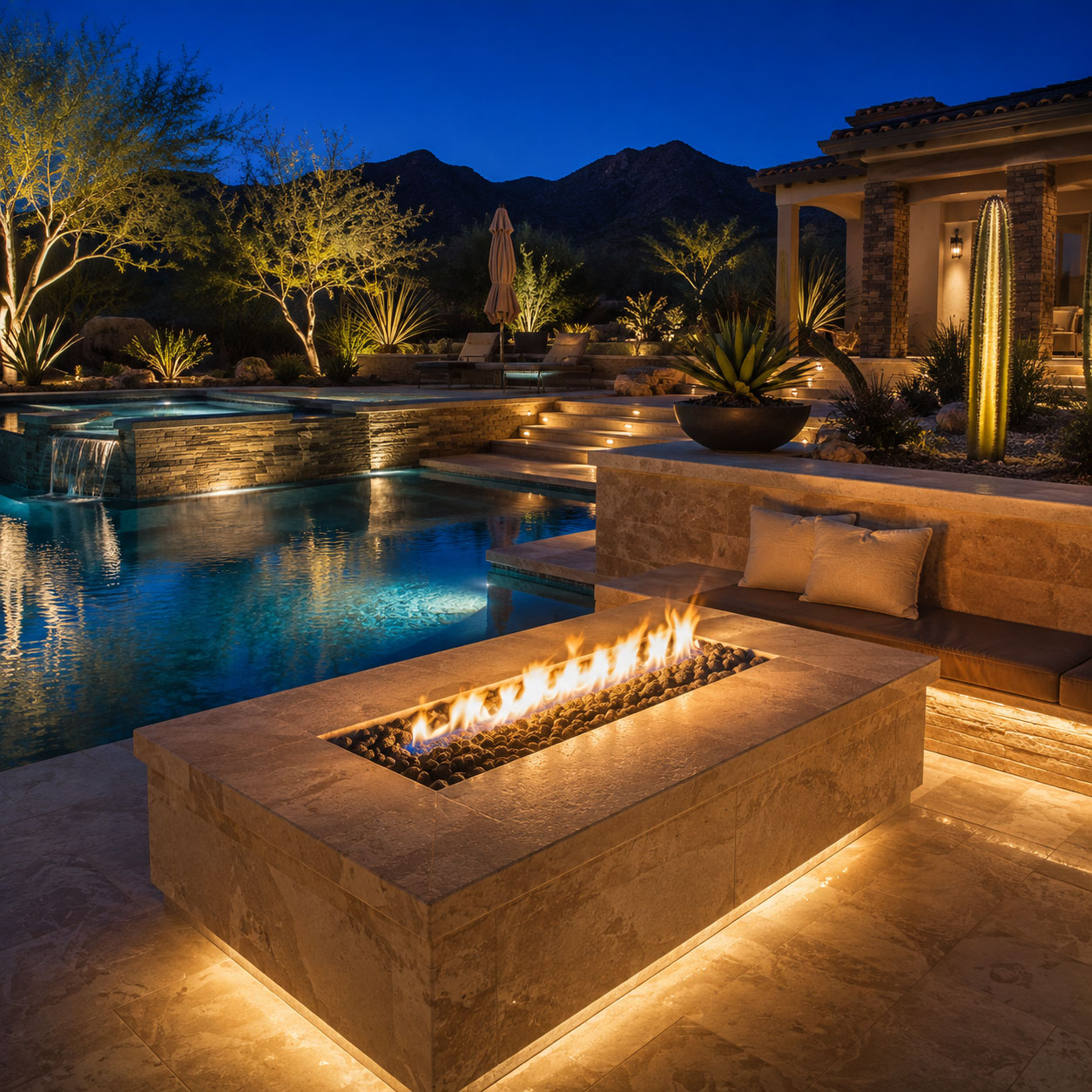 Luxury Scottsdale backyard with a premium gas fire feature, travertine surround, modern pool, built-in seating, landscape lighting, and warm reflections at twilight.
