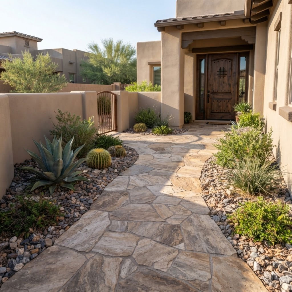 Flagstone-Courtyard-Entry-Path-in-Scottsdale,-AZ Flagstone entry path leading to the front door of a Scottsdale, Arizona home