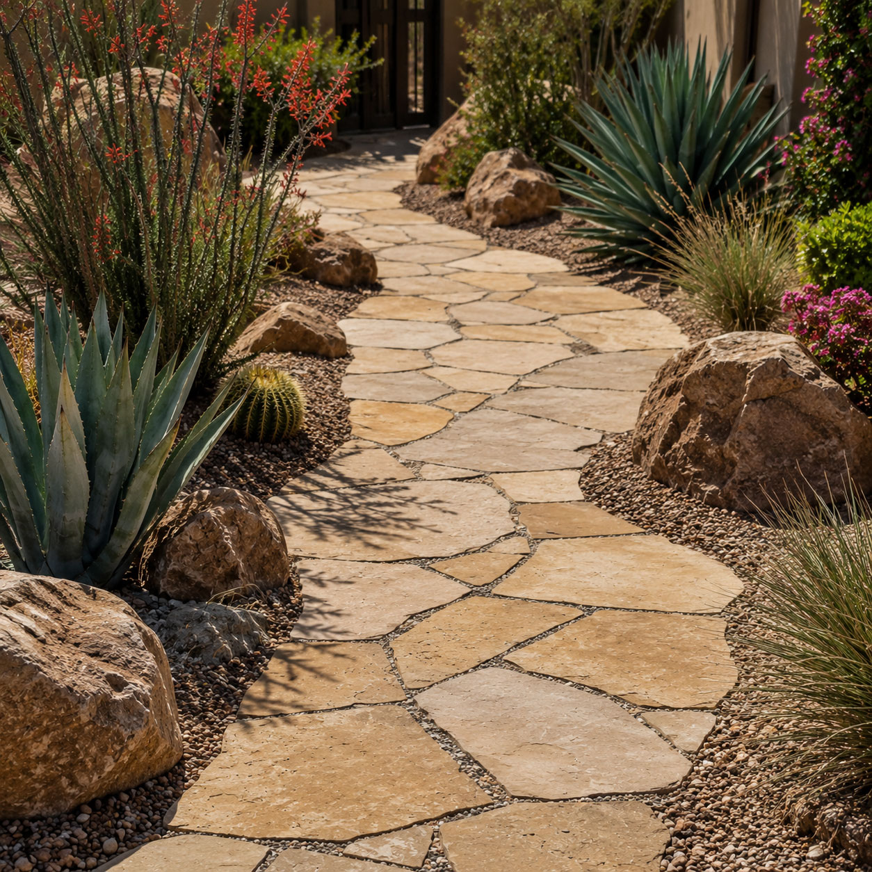 Natural flagstone walkway bordered by desert plants in a Phoenix, Arizona courtyard garden