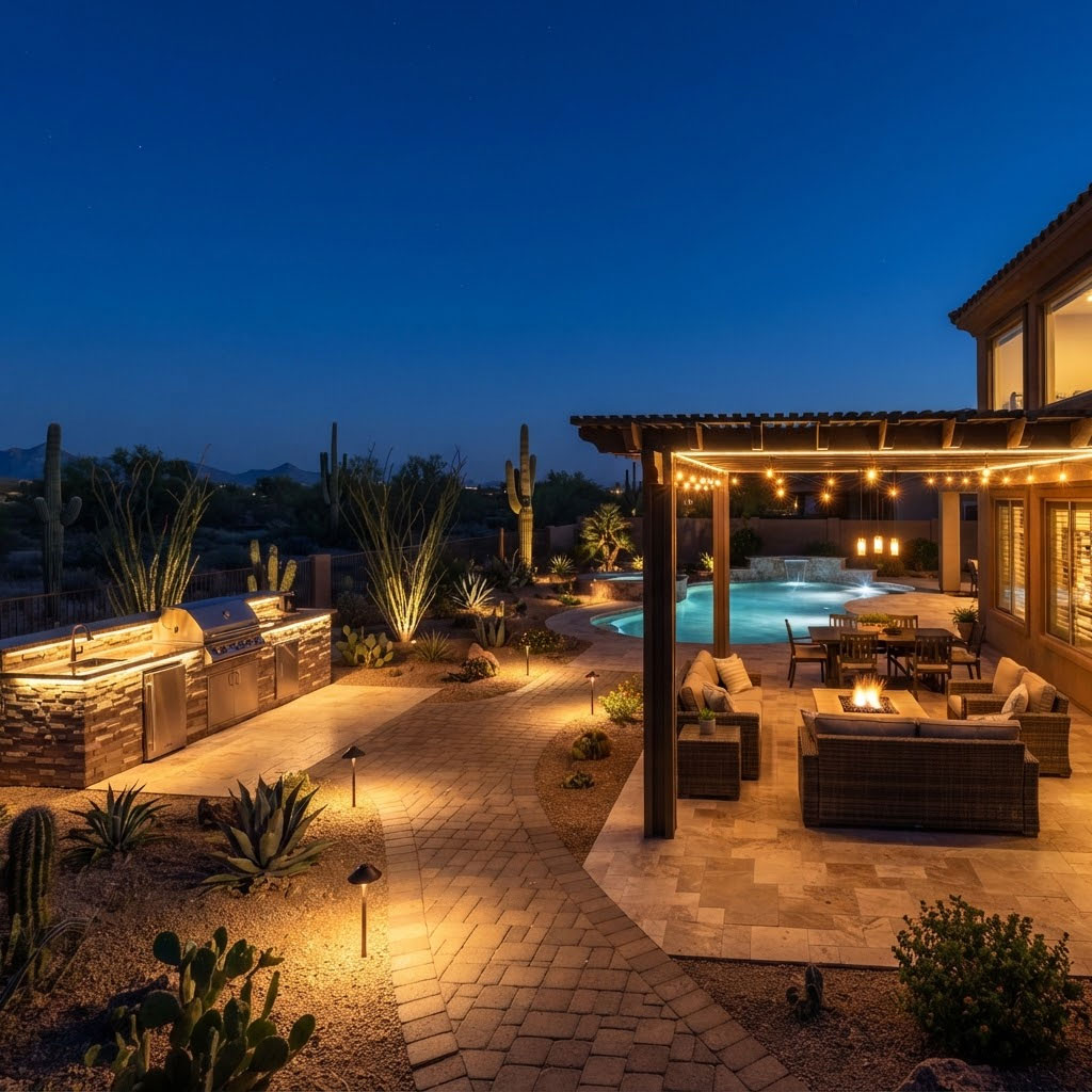 Fully-Lit-Backyard-Living-Space-at-Dusk-in-Phoenix Complete backyard with coordinated landscape and patio lighting at dusk in a Phoenix, Arizona home