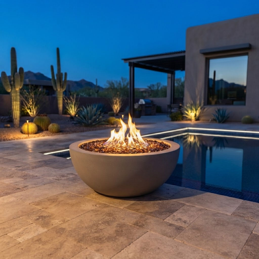 Stone-veneer grill island with a visible gas grill head in a Scottsdale, Arizona backyard
