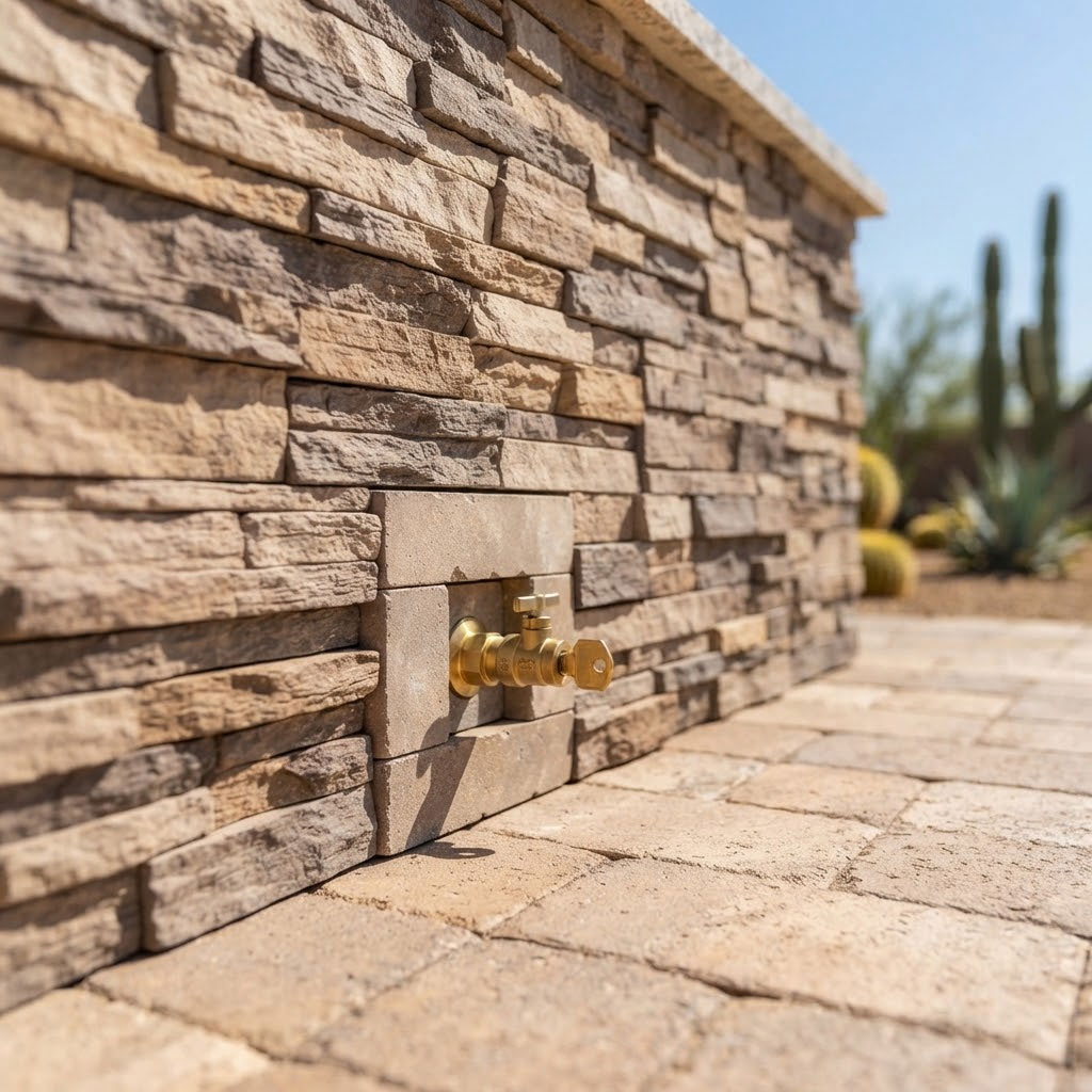 Clean gas shutoff valve integrated into a stone wall base in a Phoenix, Arizona backyard