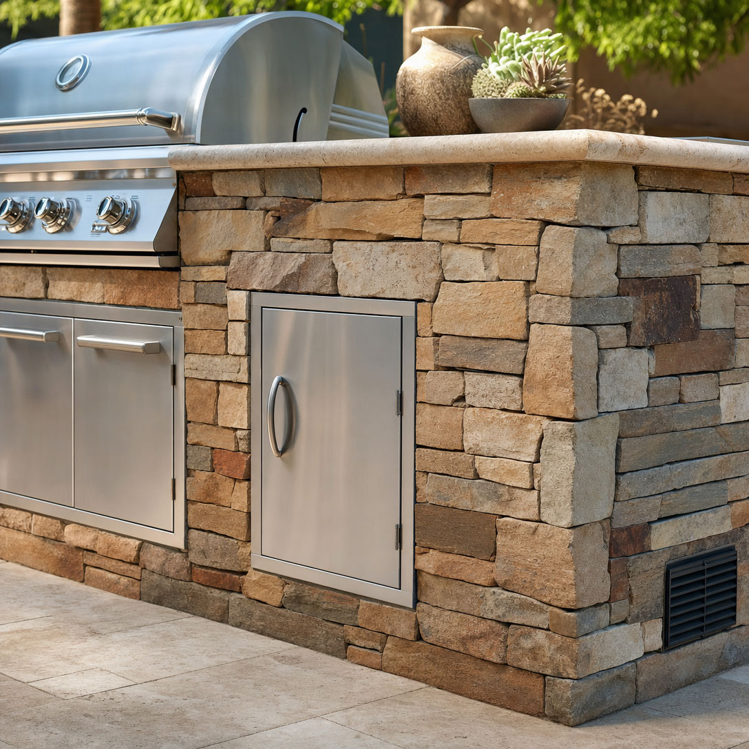 Close-up of stacked stone veneer and a travertine counter cap on a custom grill island in Scottsdale, Arizona