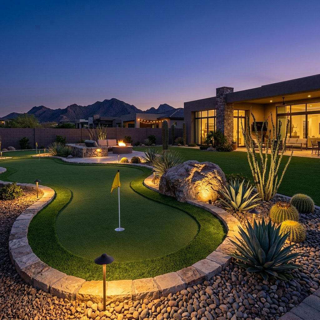 Photorealistic 8K twilight photo of a custom backyard mini golf course in a Phoenix/Scottsdale, Arizona home. A contoured turf hole is lined by warm low-voltage landscape path lights, and soft uplighting highlights a boulder and desert plant. The deep blue dusk sky features mountains silhouetted in the distance, with warm interior house lights glowing softly in the background, creating a calm, inviting evening ambiance.