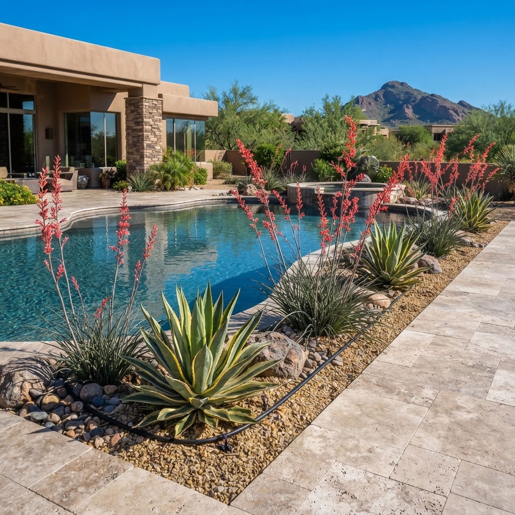 Irrigated-Desert-Plants-Beside-a-Pool-in-Scottsdale Drip-irrigated desert plants bordering a backyard pool in a Scottsdale, Arizona home