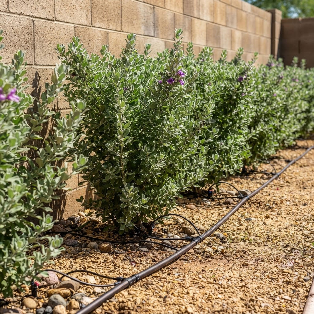 Irrigated-Privacy-Planting-Along-a-Wall-in-Phoenix Row of privacy shrubs with visible drip irrigation along a wall in a Phoenix, Arizona backyard