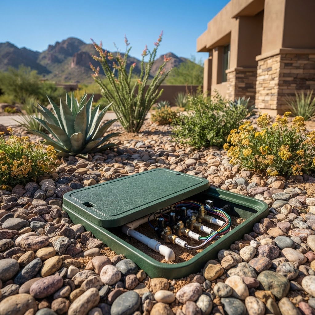 Irrigation-Valve-Box-Installation-Detail-in-Scottsdale Clean in-ground irrigation valve box set flush within a decorative rock bed in Scottsdale, Arizona