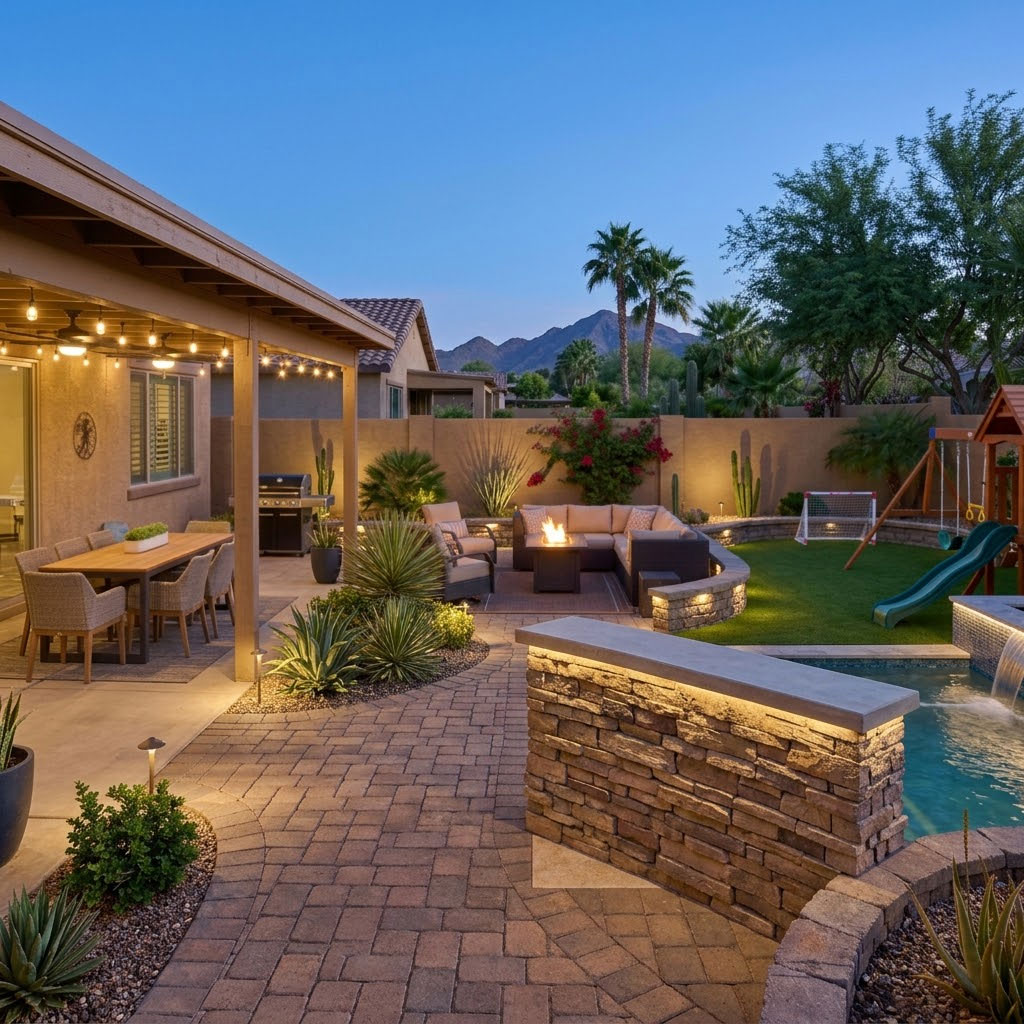 Stone walkway with low-voltage path lighting connecting backyard zones in Phoenix, Arizona