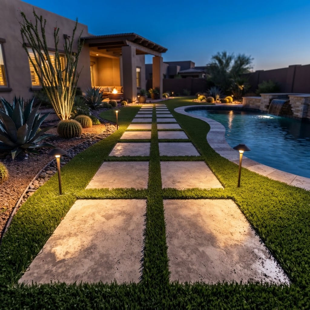 Lit-Walkway-with-Path-Lighting-at-Dusk-in-Phoenix Walkway with low-voltage path lighting and rock border at dusk in a Phoenix, Arizona backyard