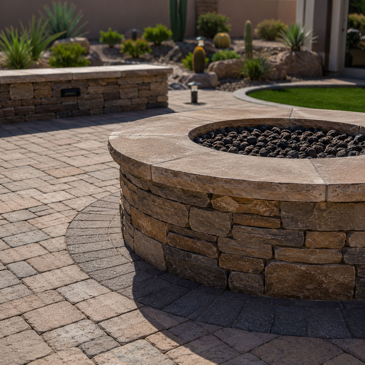 Custom Scottsdale fire pit patio with clean paver installation, natural stone veneer, precise masonry joints, and desert landscaping in bright Arizona sunlight.