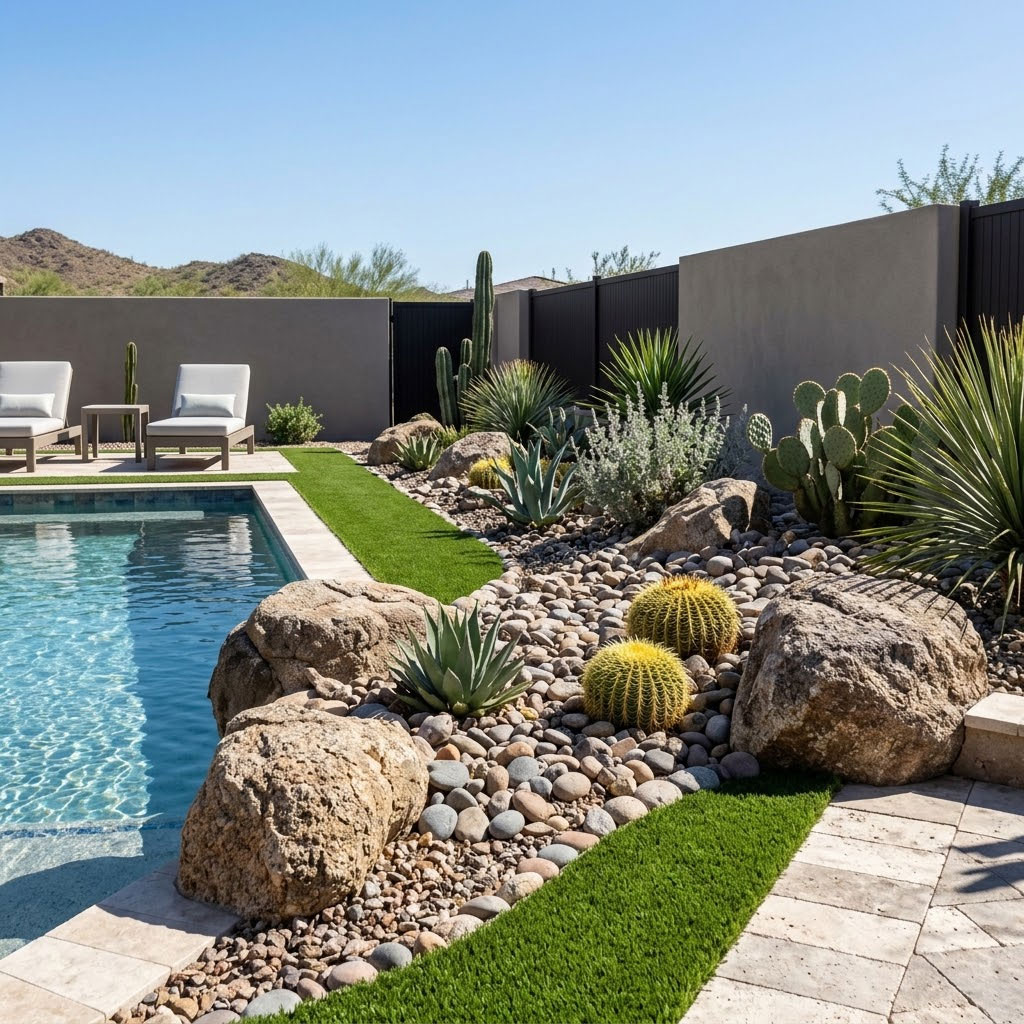 Drought-tolerant plants and boulder accents bordering a pool in a Phoenix, Arizona backyard