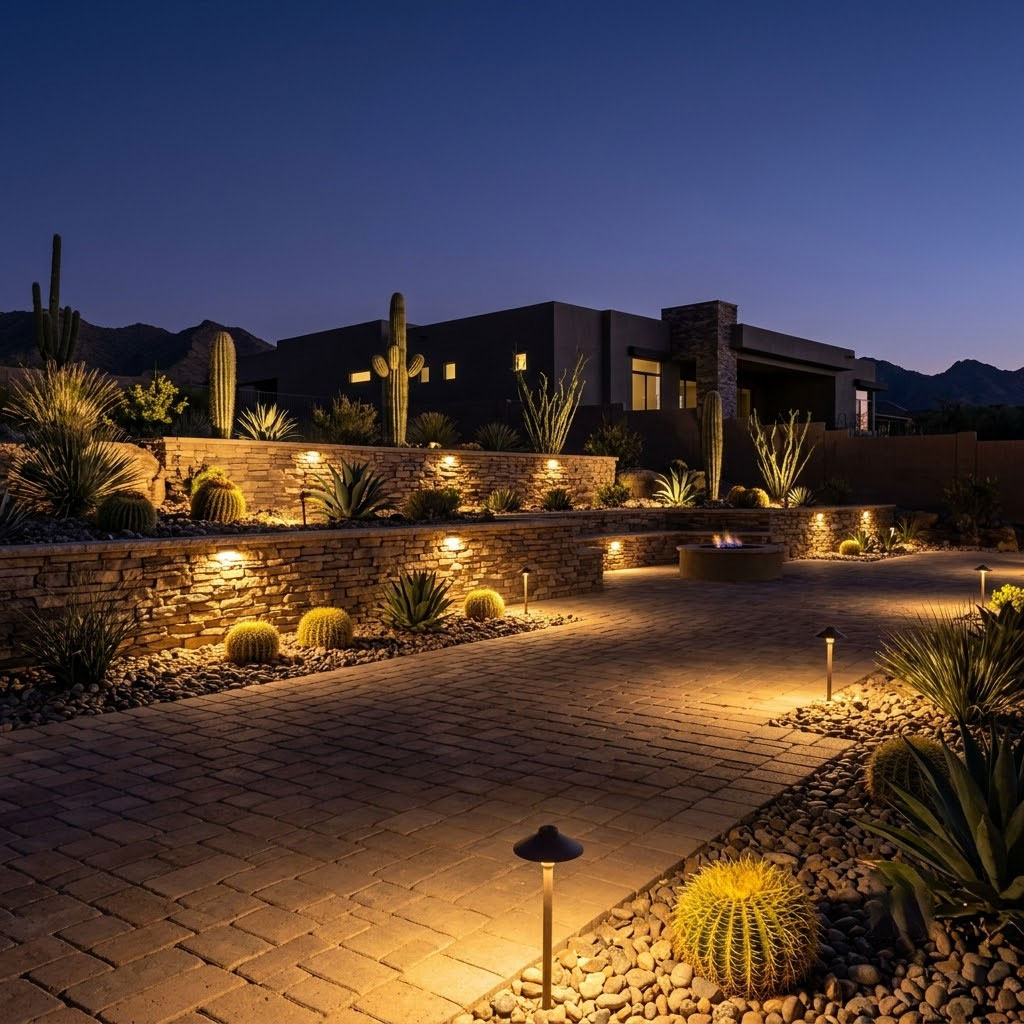 Dusk architectural photograph showing low-voltage LED landscape lighting illuminating a paver patio, retaining wall, and desert plants in Arizona.